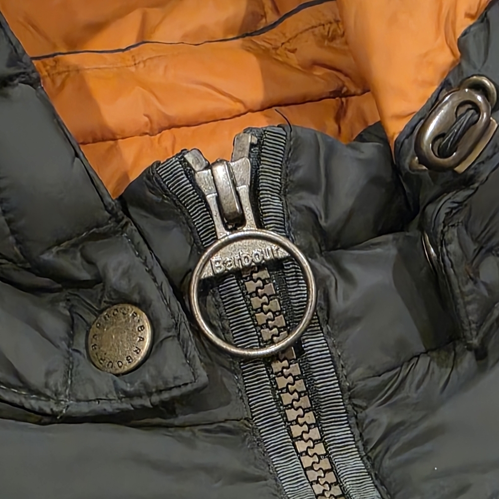 Barbour Olive Green Puffer Jacket with Orange Lining - Picture 3 of 7